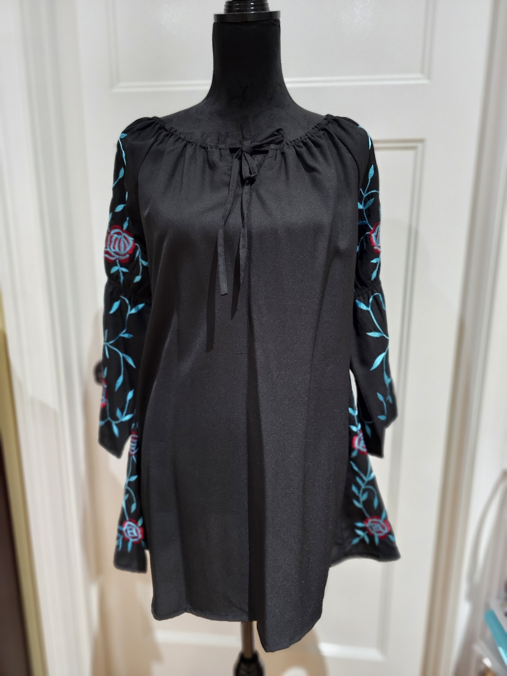 Scully Black Long-Sleeve Peasant Dress with Blue & Red Floral Embroidery, NWT